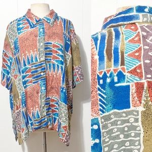 90s Abstract Colorful Silk Button Front Short Sleeve Top | Vintage